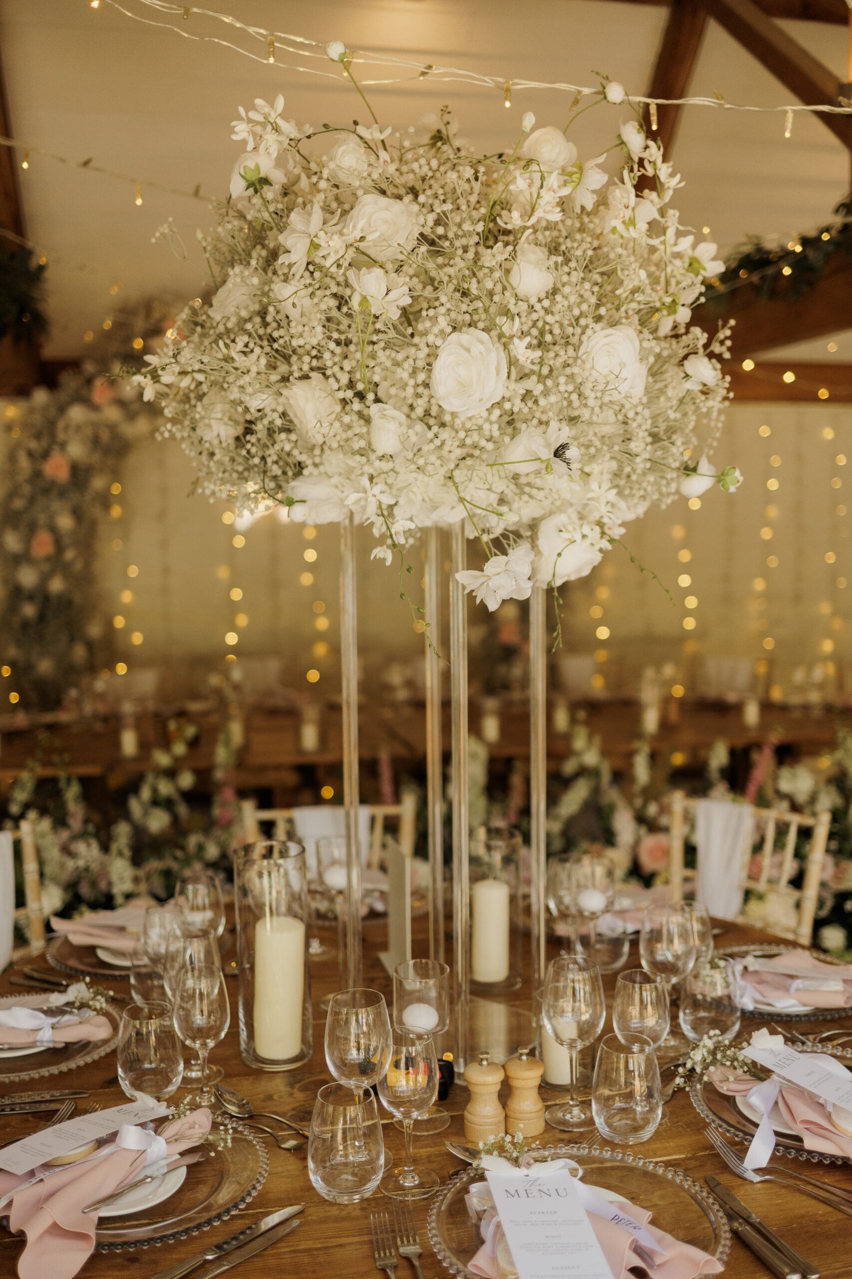 Curradine Barns Wedding Decor with Gysophilla Wedding Flowers