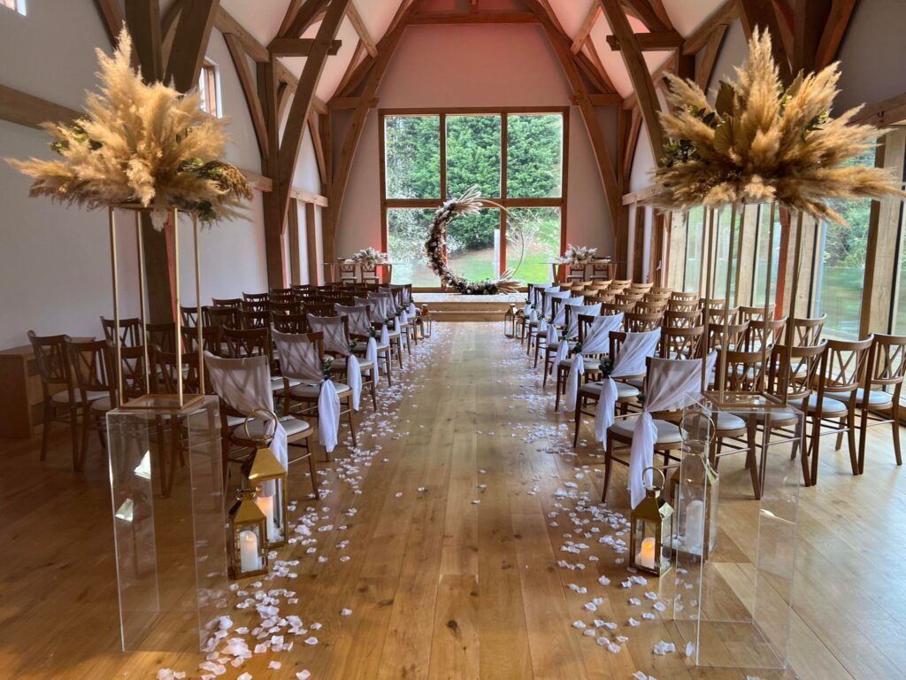 Wedding Decor for ceremony at Mill Barns with Pampas