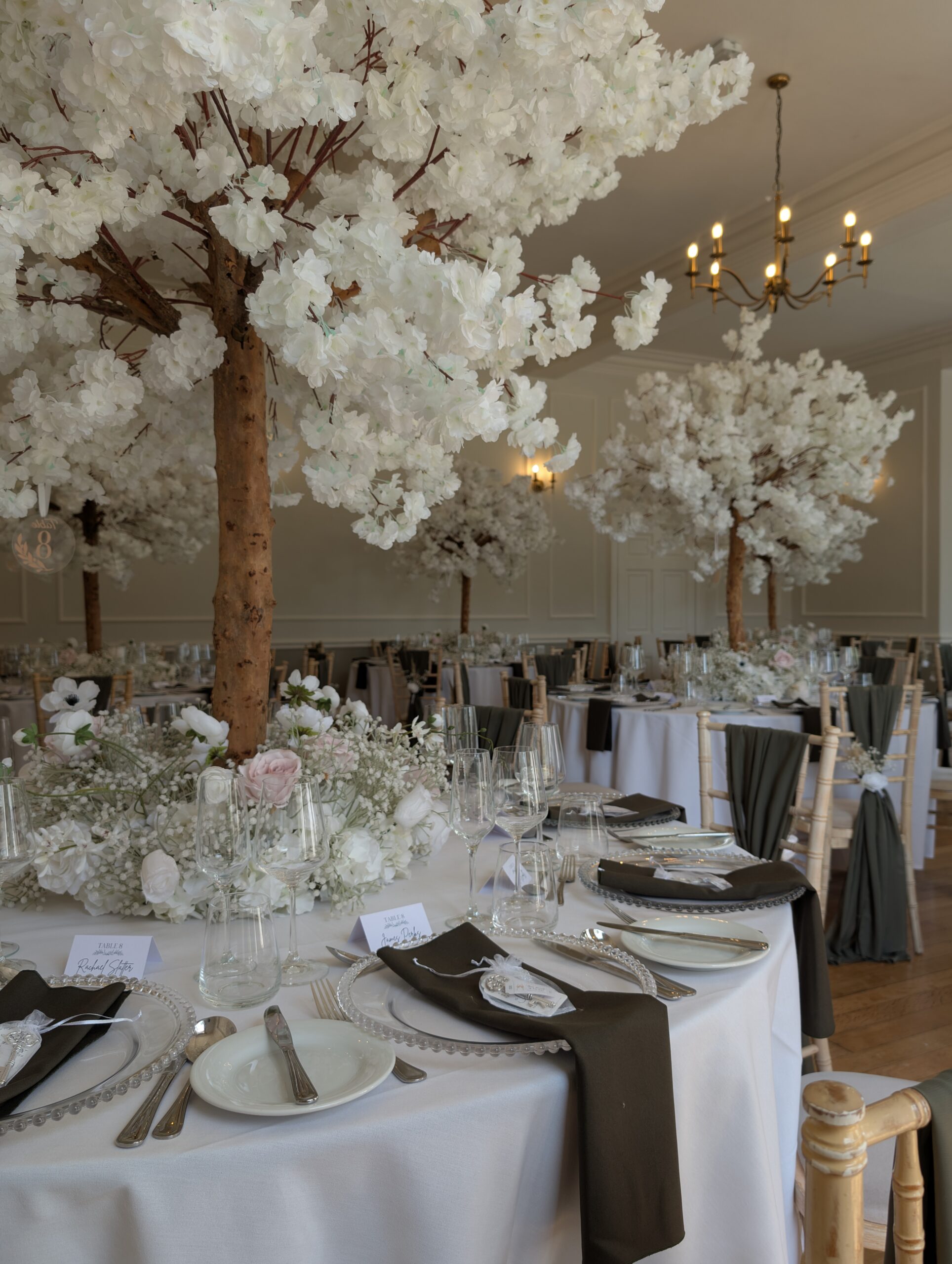 white blossom tree centrepieces, wedding table decorations, Eastington Park Worcestershire, olive chair drapes, silver charger plates