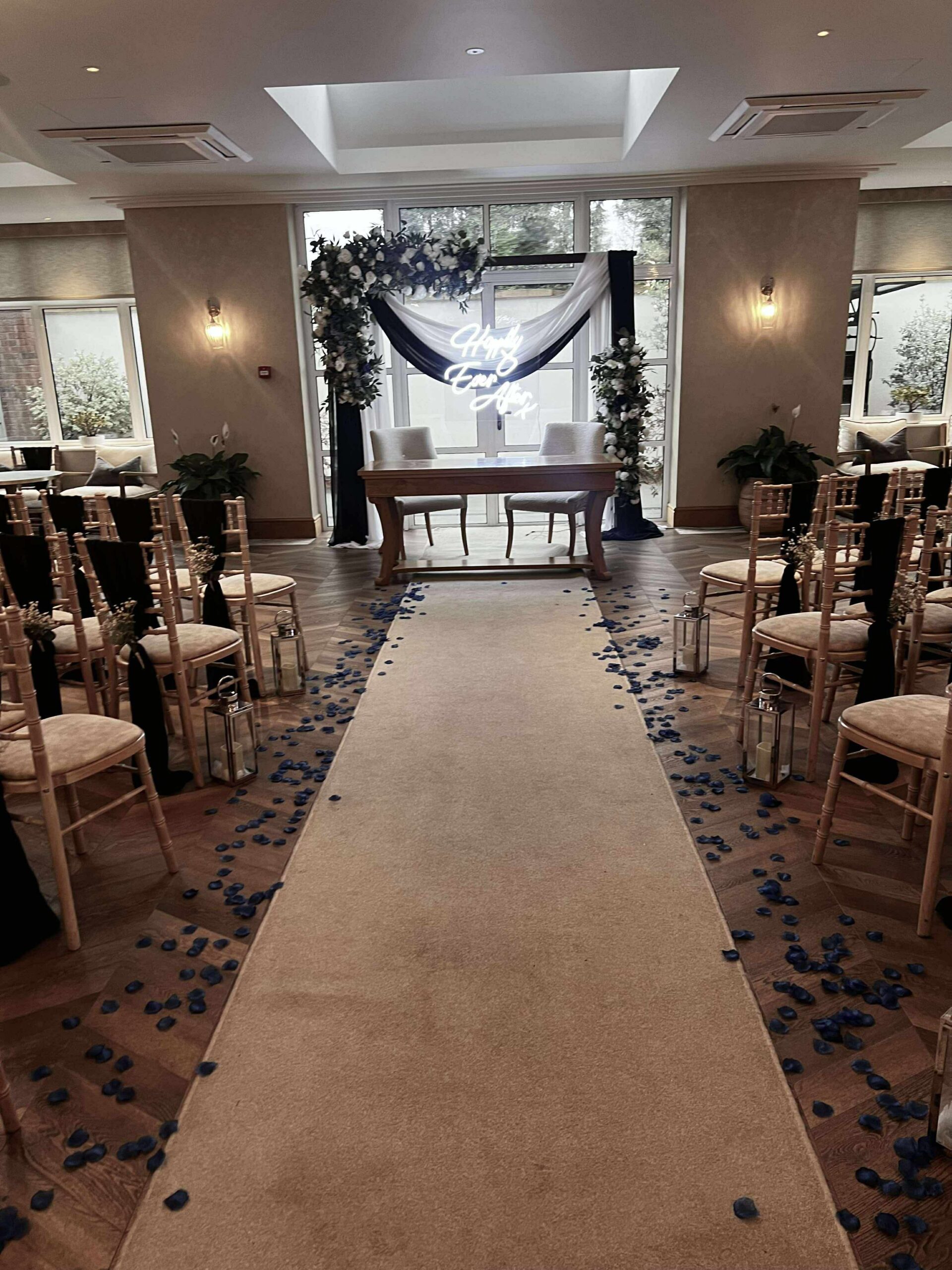 Aisle wedding decor at Fairlawns Hotel